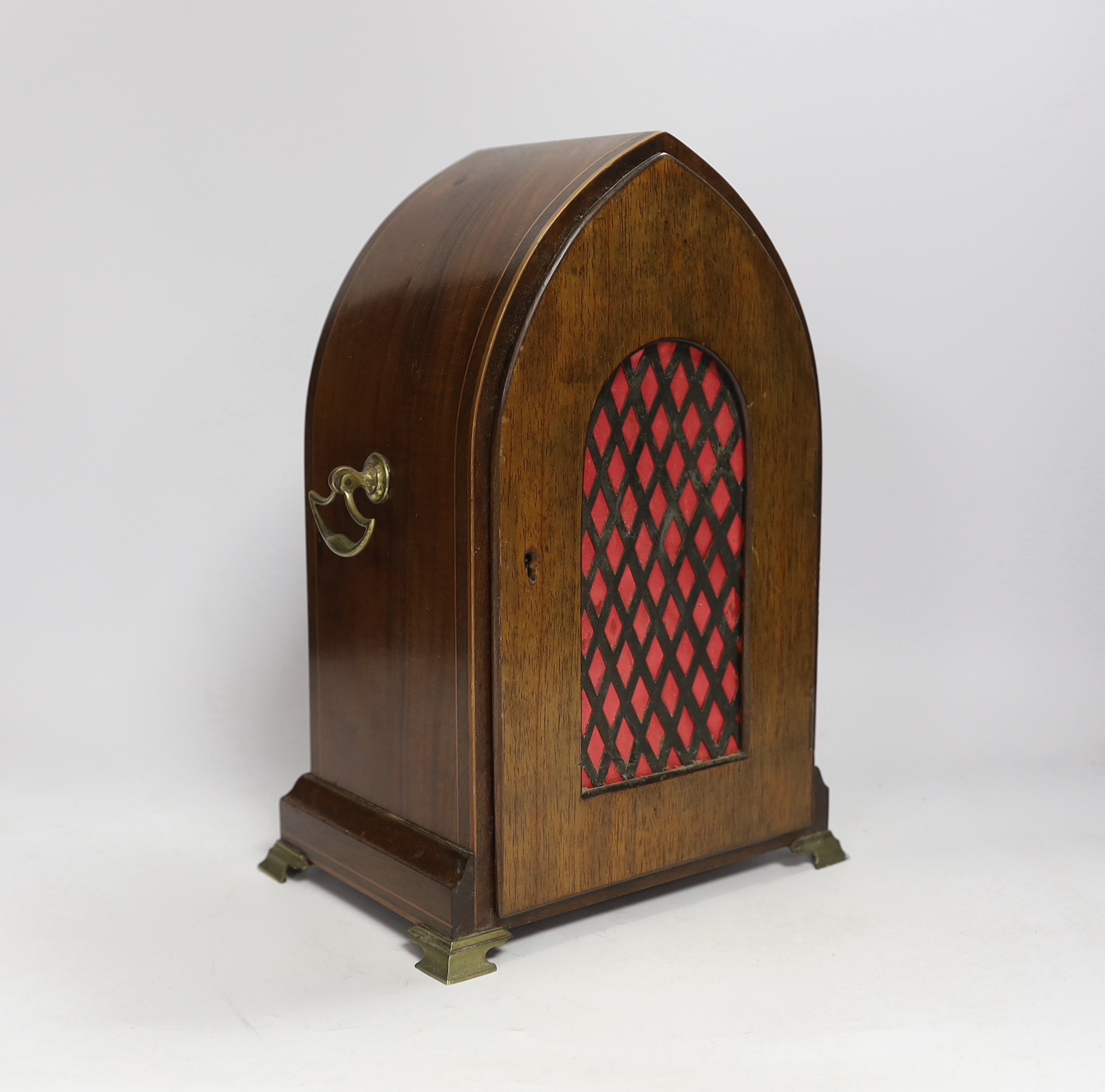 A late 19th century mahogany lancet shaped mantel clock, striking on a coiled gong, 29cm high